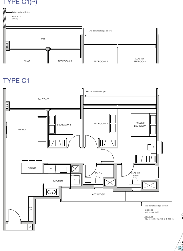 3-Bedroom · Type C1 · 1,023 – 1,066 sqft