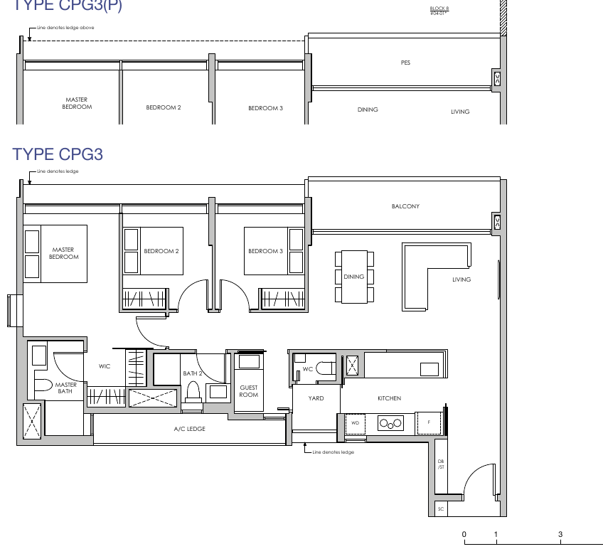 3-Bedroom Premium + Guest · Type CPG3 · 1,259 – 1,302 sqft